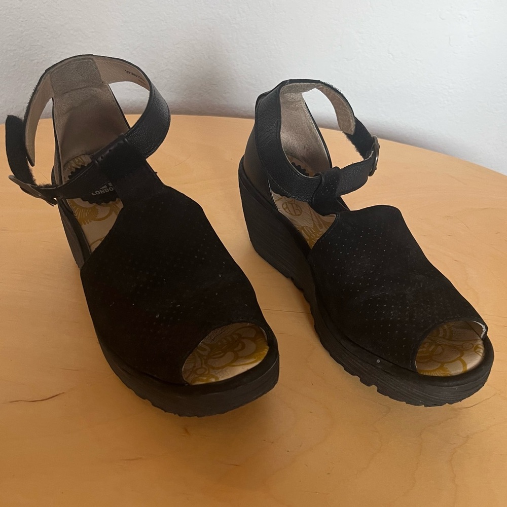 Fly London Black Wedge Platform Sandals EU 38 US 8